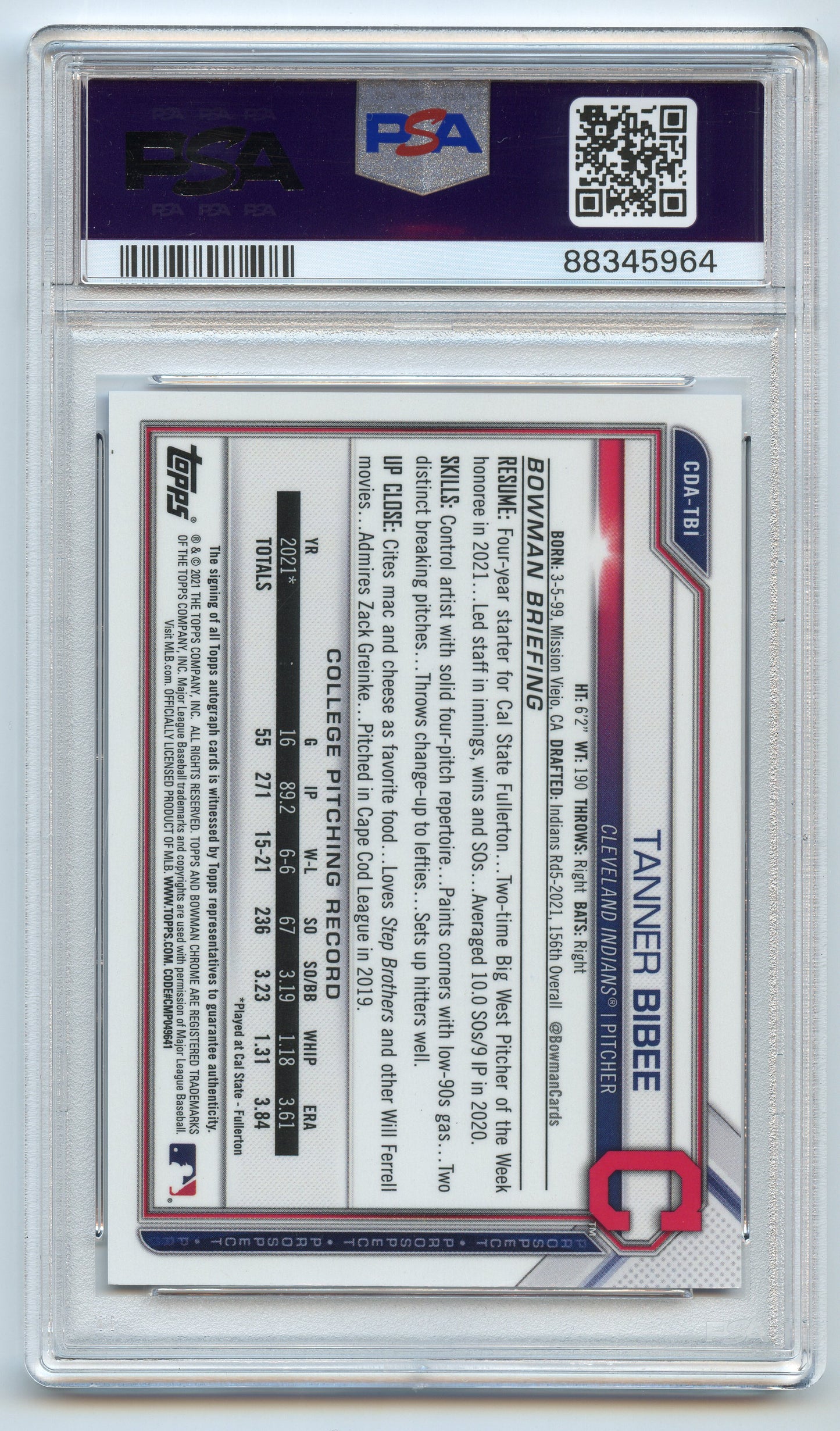 2021 Bowman Draft Chrome Tanner Bibee Blue Auto /150 PSA 9