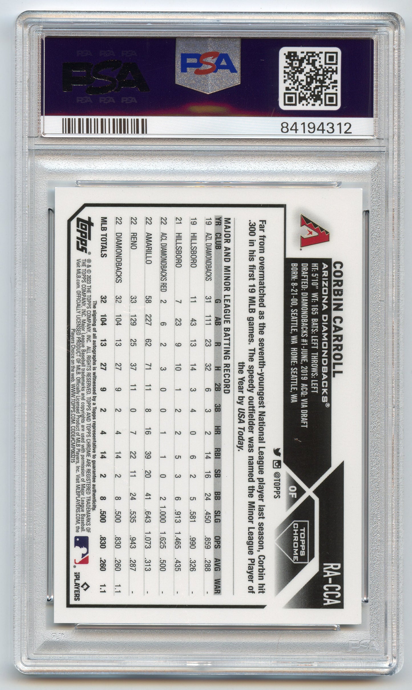 2023 Topps Chrome Corbin Carroll Auto PSA 9