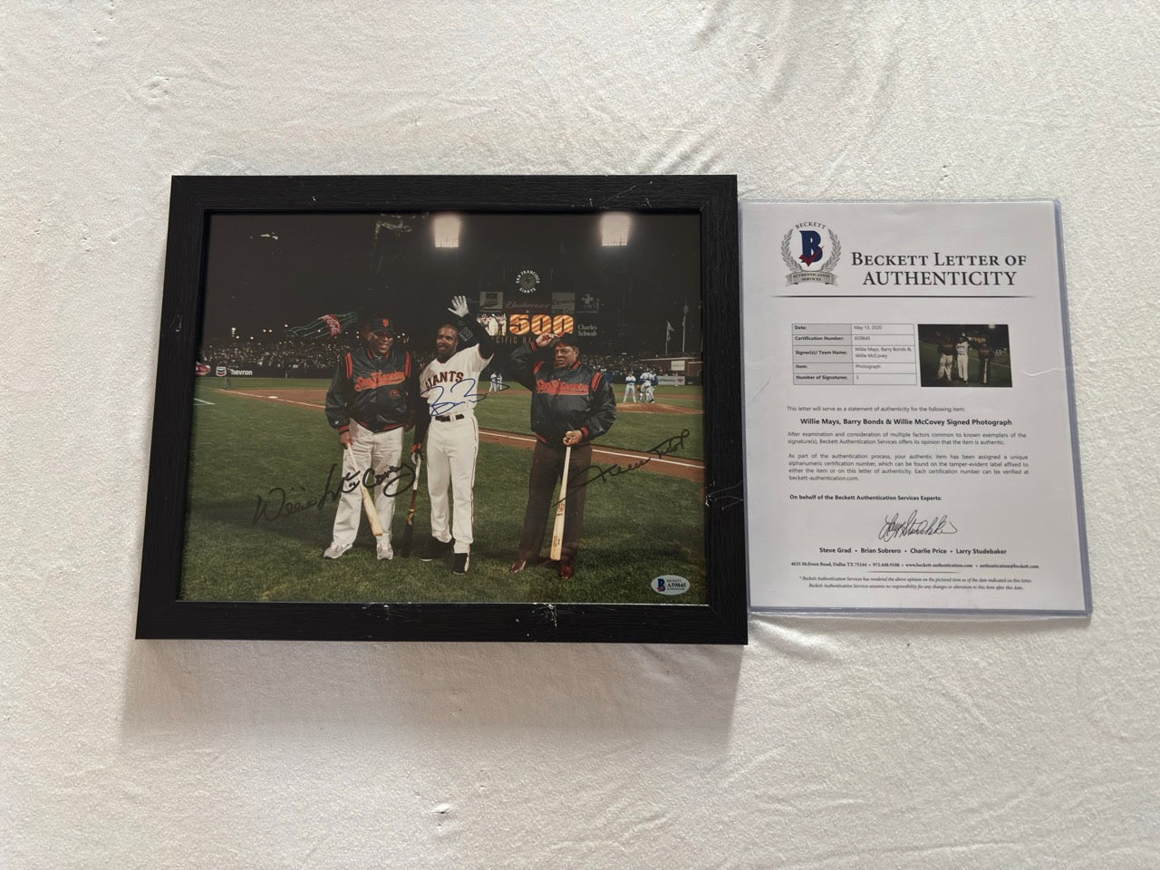 Barry Bonds, Willie Mays, Willie McCovey Autograph Photo w/ Beckett LOA