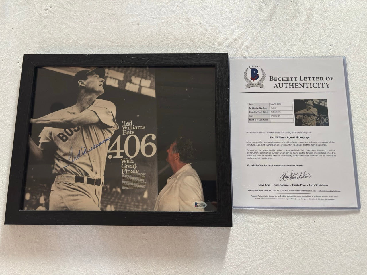 Ted Williams Autograph Photo w/ Beckett LOA
