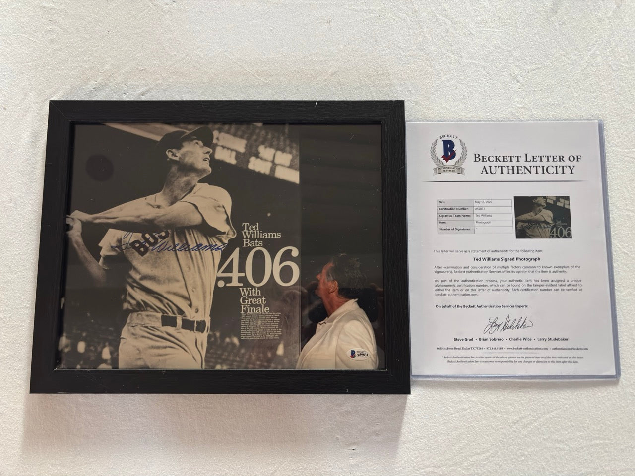 Ted Williams Autograph Photo w/ Beckett LOA