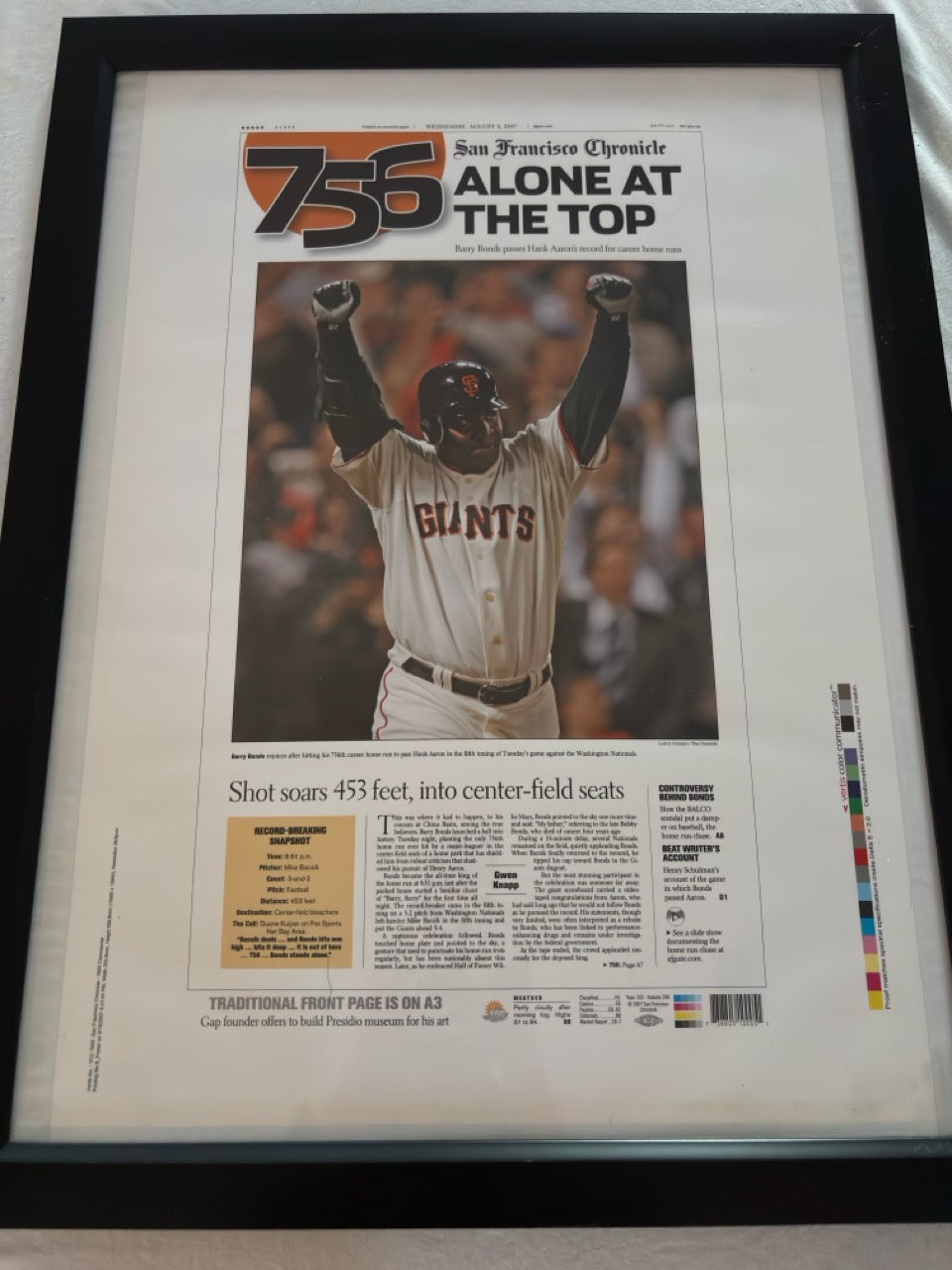 Barry Bonds 756th HR San Francisco Chronicle Article Framed Print