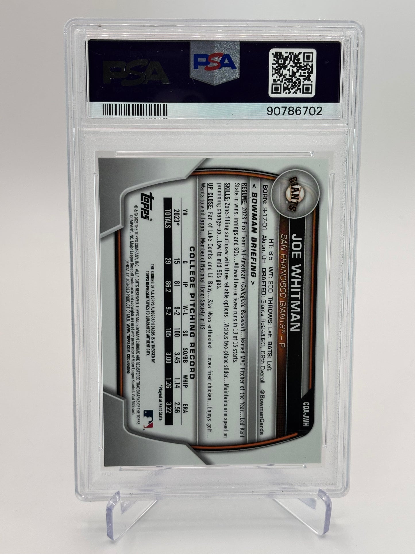 Joe Whitman 2023 1st Bowman Draft Chrome Auto PSA 10