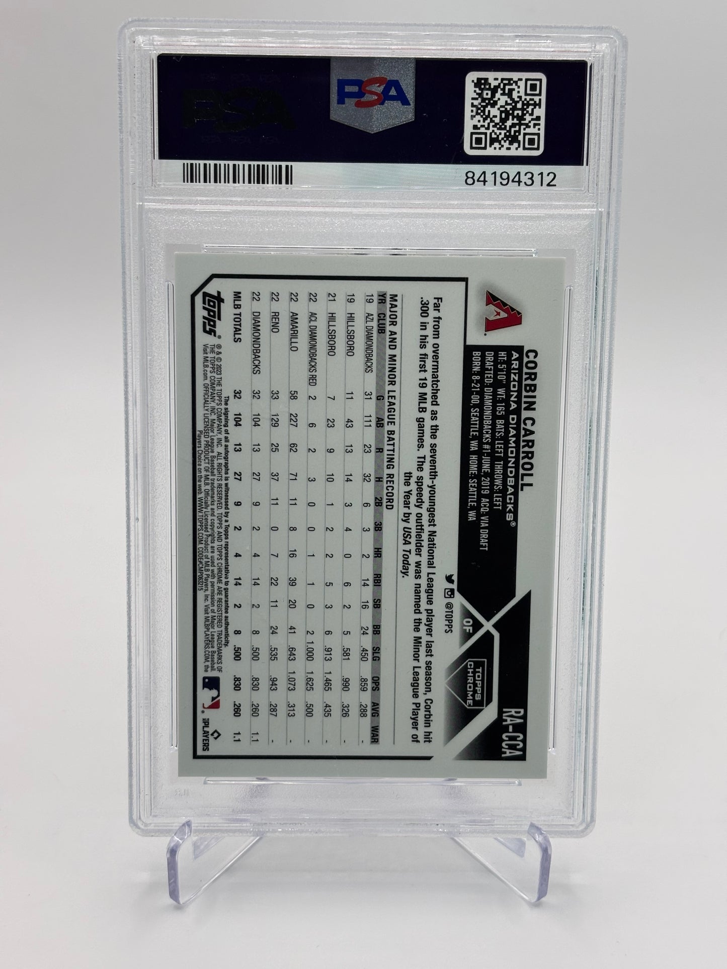 Corbin Carroll 2023 Topps Chrome RC Auto PSA 9