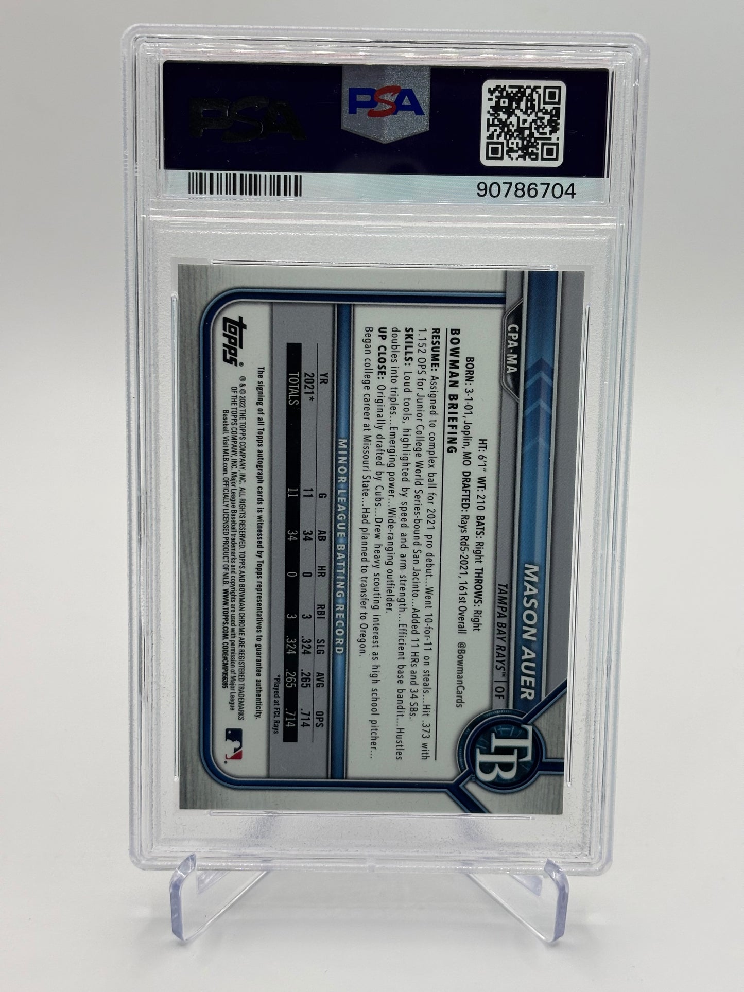 Mason Auer 2022 1st Bowman Chrome Auto PSA 9