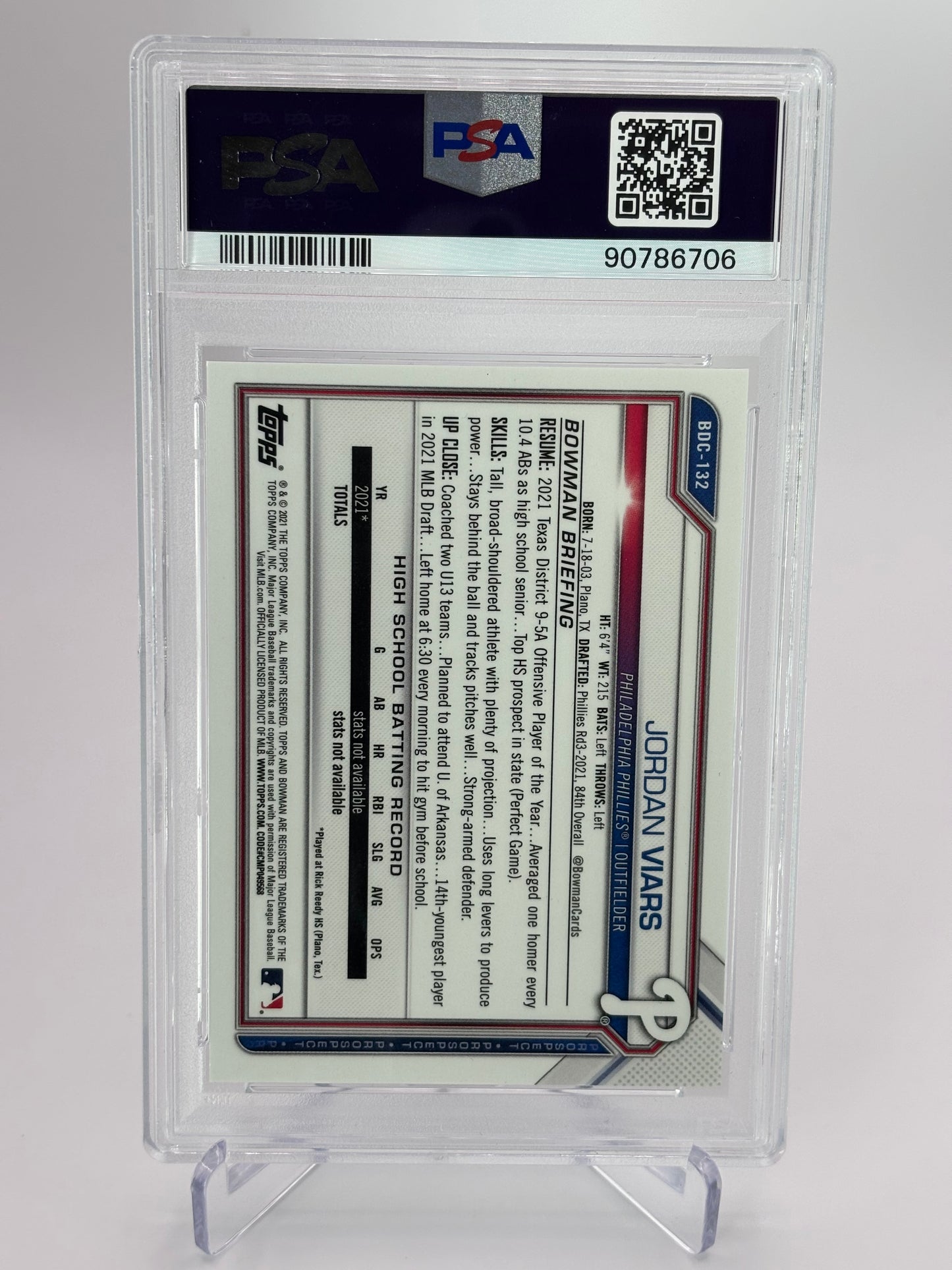 Jordan Viars 2021 1st Bowman Chrome Purple Refractor #7/250 PSA 9