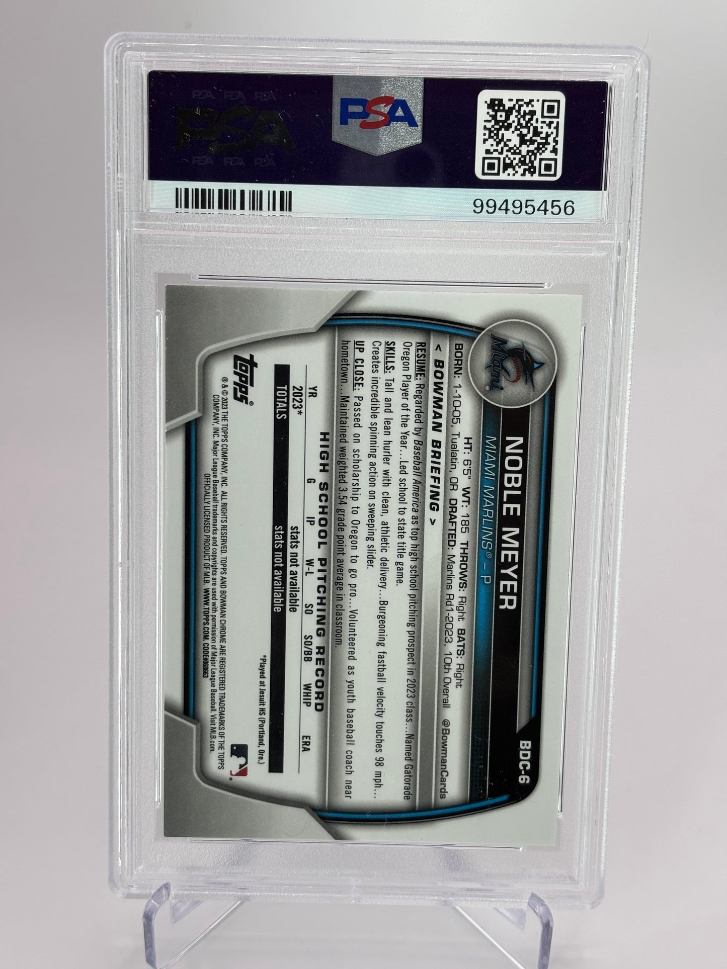 Noble Meyer 2023 1st Bowman Draft Chrome Aqua Lunar Crater #114/125 PSA 9