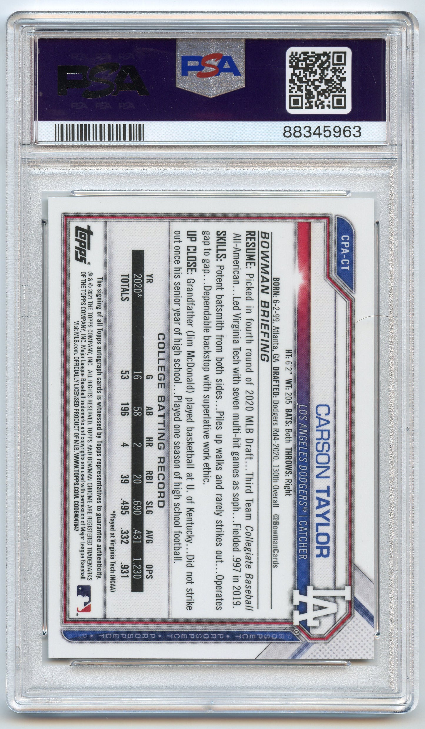 2021 Bowman Chrome Carson Taylor Gold Shimmer Auto /50 PSA 9