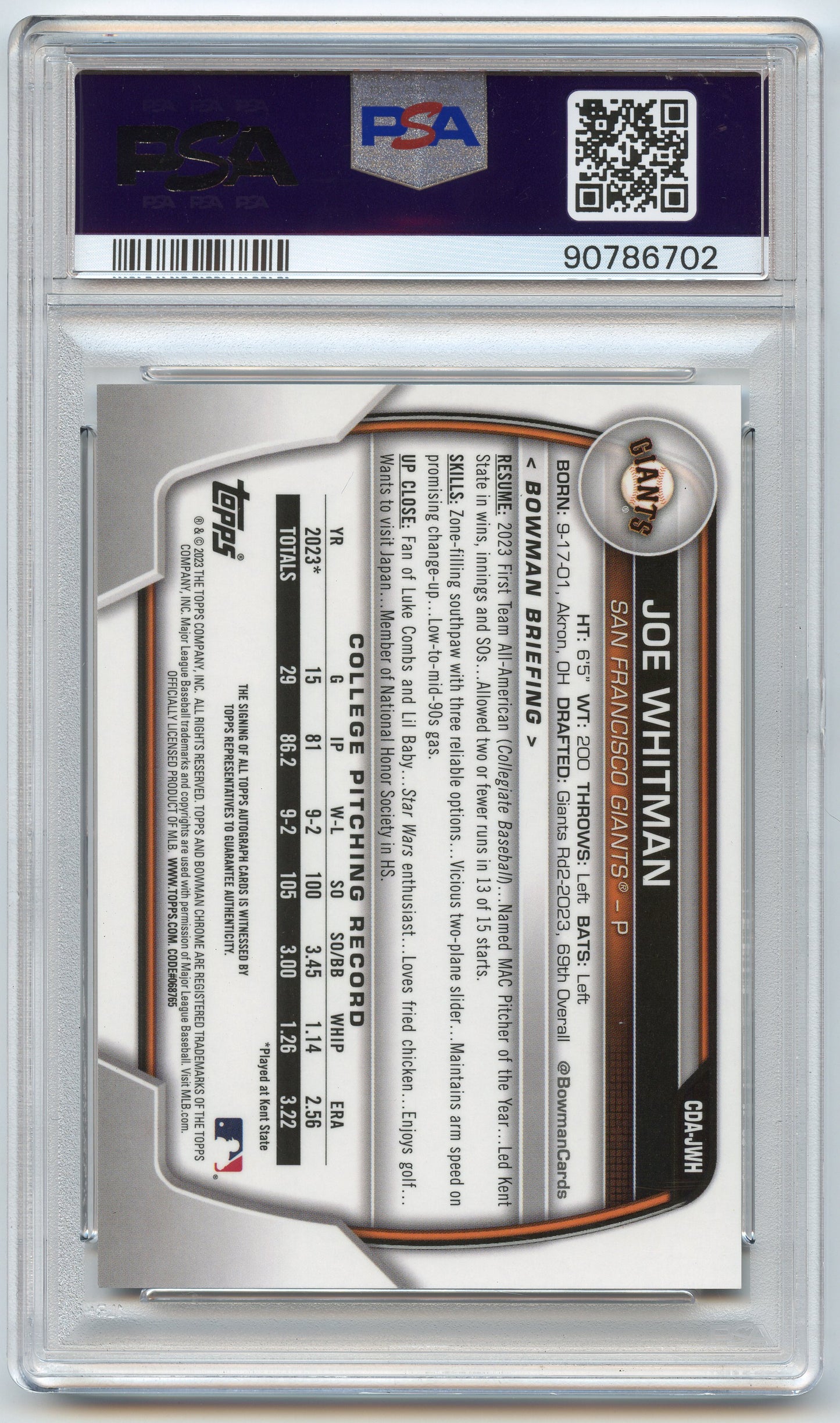 2023 Bowman Draft Chrome Joe Whitman Auto PSA 10