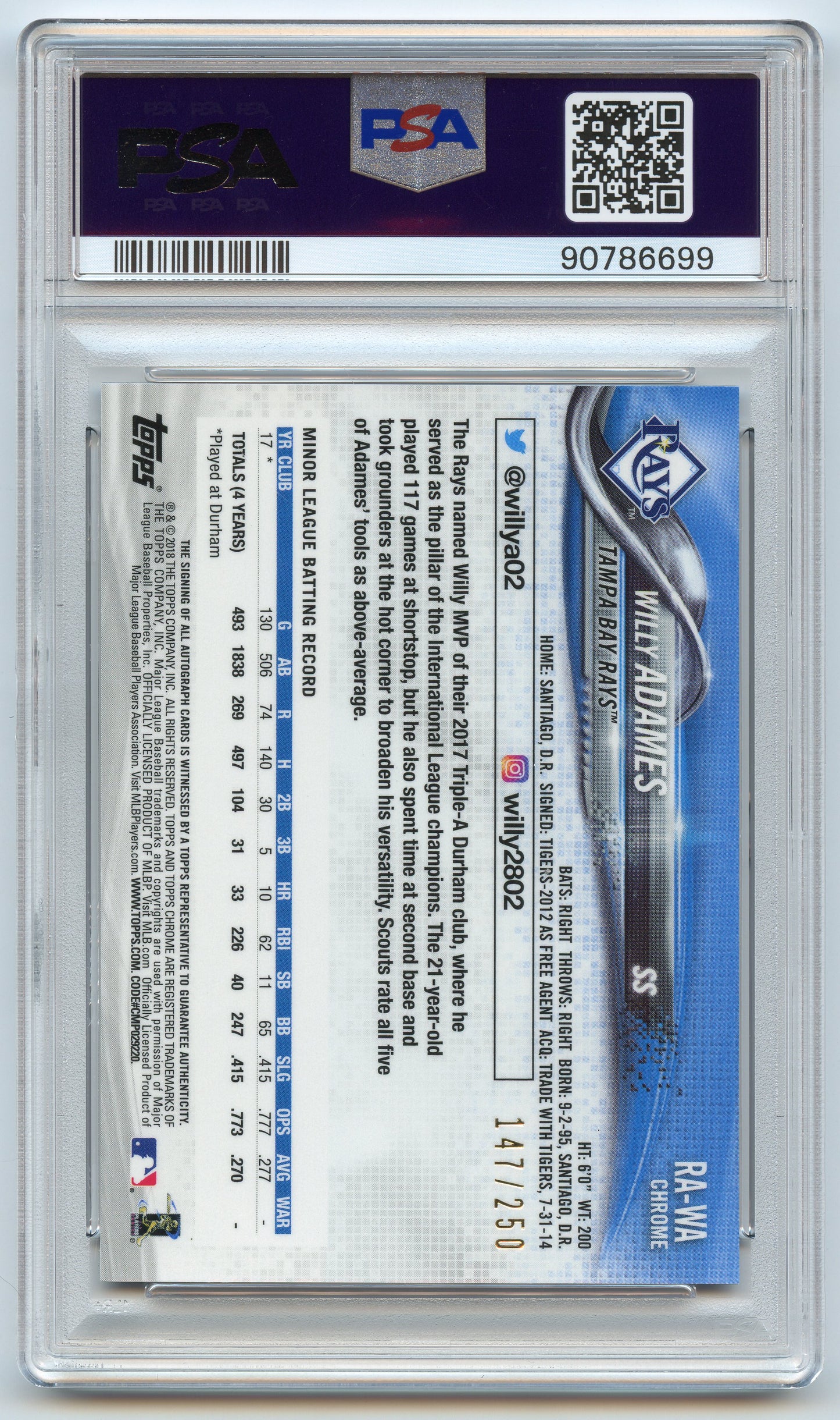 2018 Topps Chrome Willy Adames Purple Auto /250 PSA 8