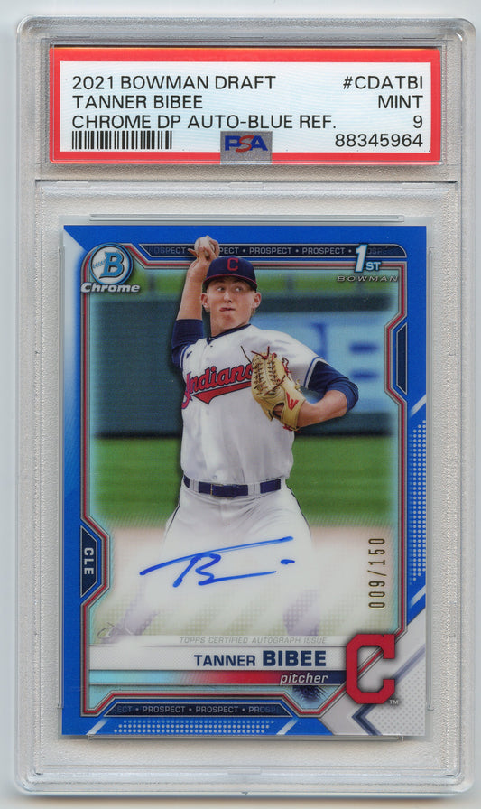 2021 Bowman Draft Chrome Tanner Bibee Blue Auto /150 PSA 9