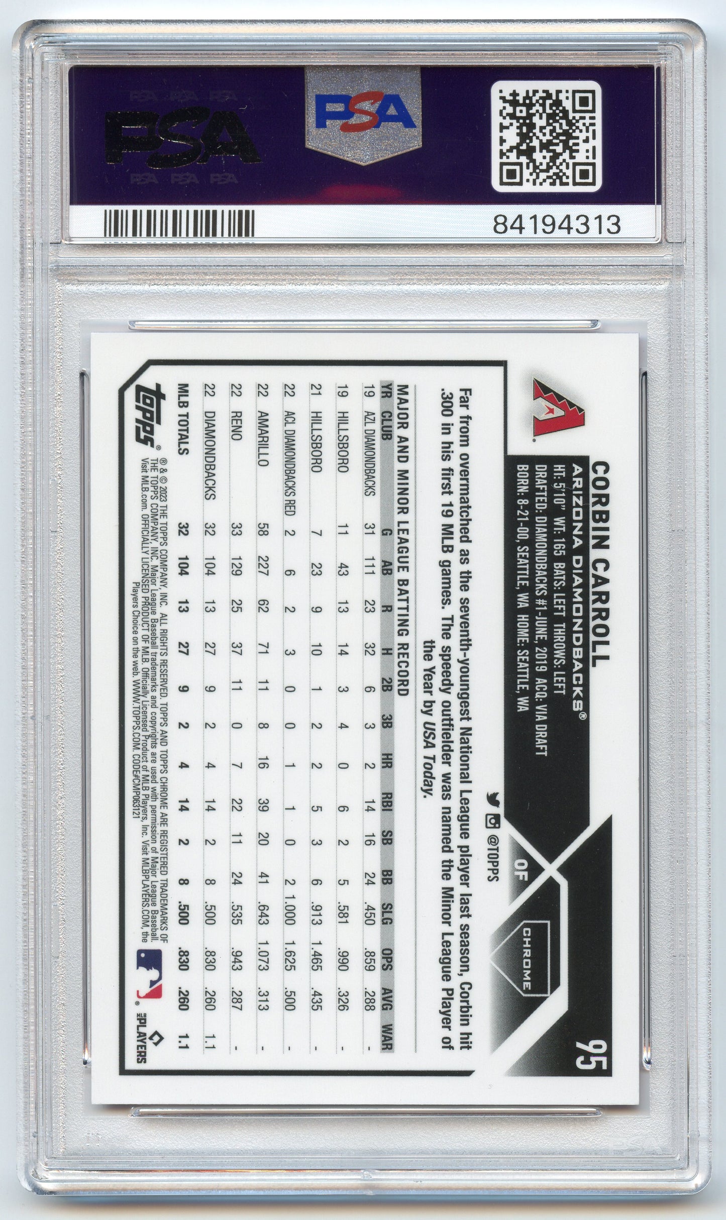2023 Topps Chrome Corbin Carroll Magenta Speckle /350 PSA 10