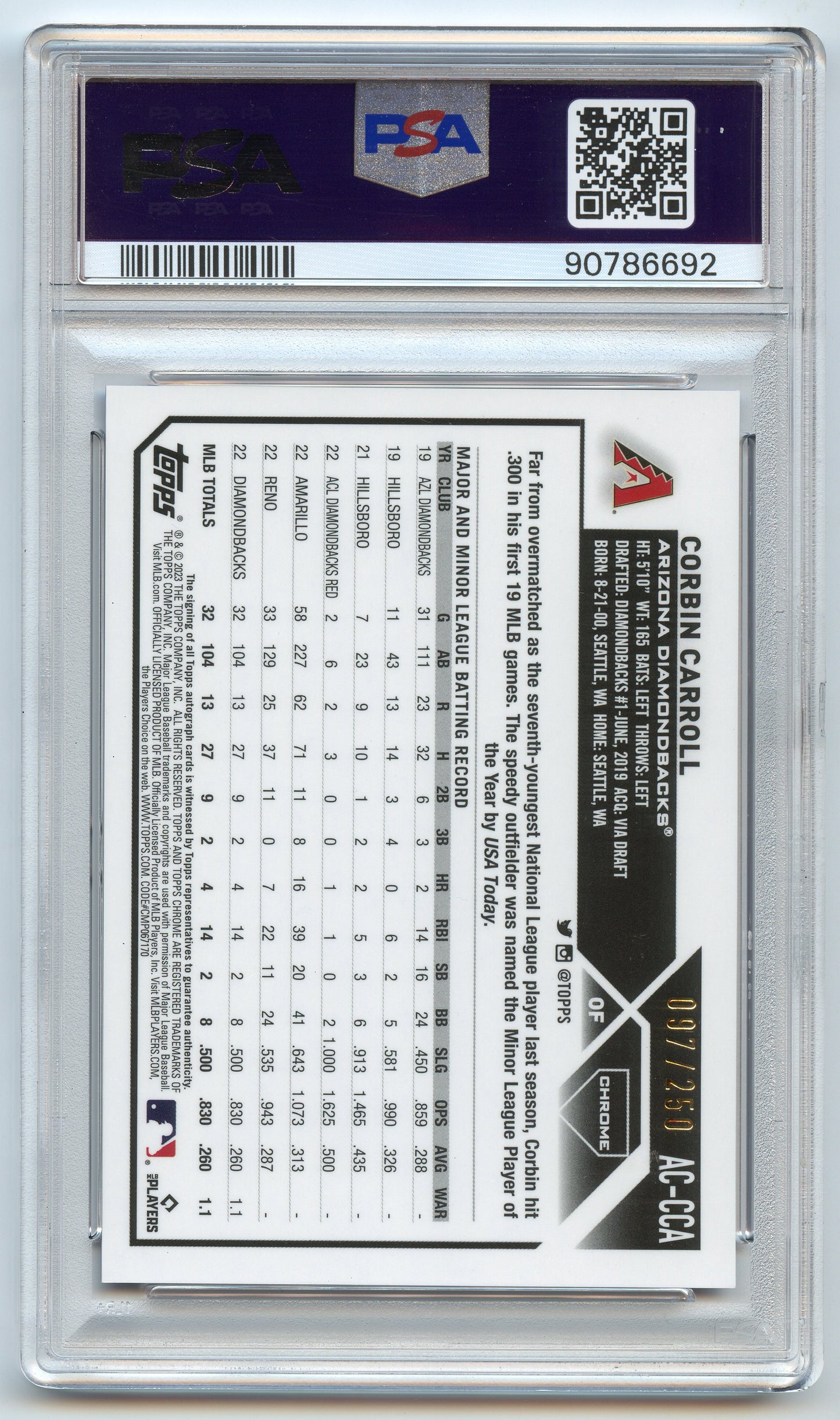 2023 Topps Chrome Update Corbin Carroll Purple Auto /250 PSA 10