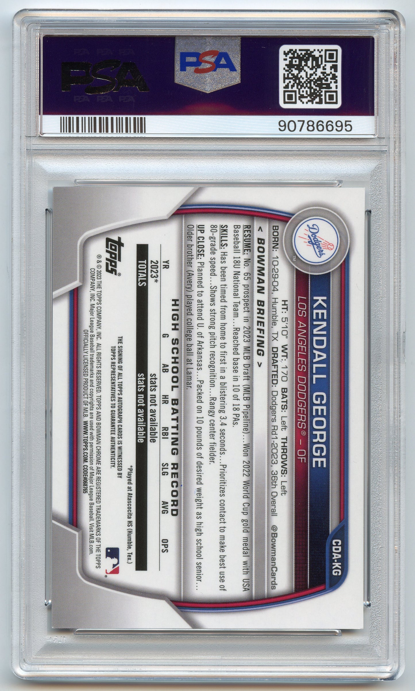 2023 Bowman Draft Chrome Kendall George Auto PSA 10
