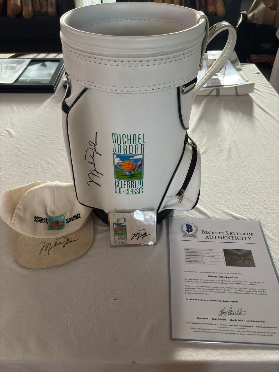 Michael Jordan Autographed Celebrity Golf Classic Hat, Mini Golf Bag, and Name Badge