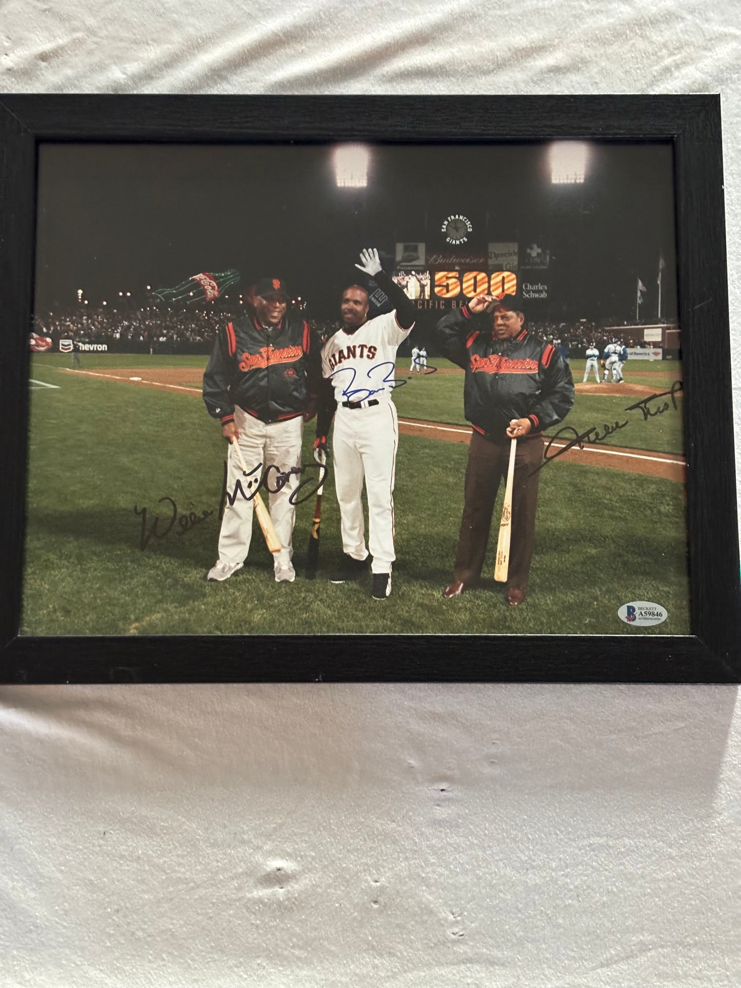 Barry Bonds, Willie Mays, Willie McCovey Autograph Photo w/ Beckett LOA