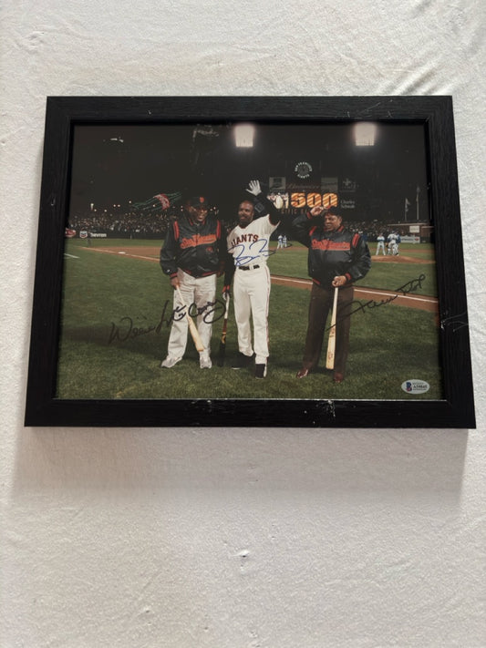 Barry Bonds, Willie Mays, Willie McCovey Autograph Photo w/ Beckett LOA