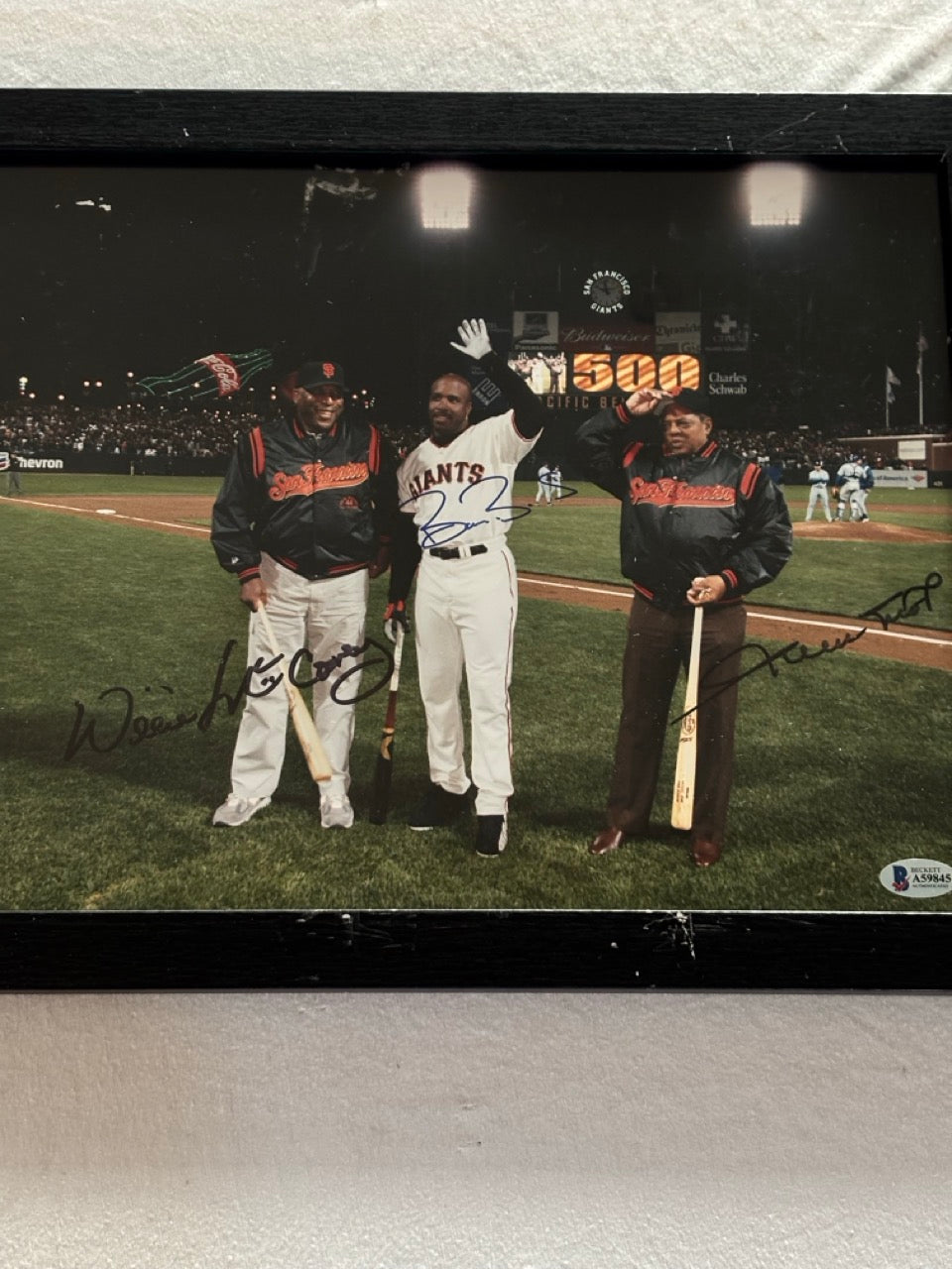Barry Bonds, Willie Mays, Willie McCovey Autograph Photo w/ Beckett LOA