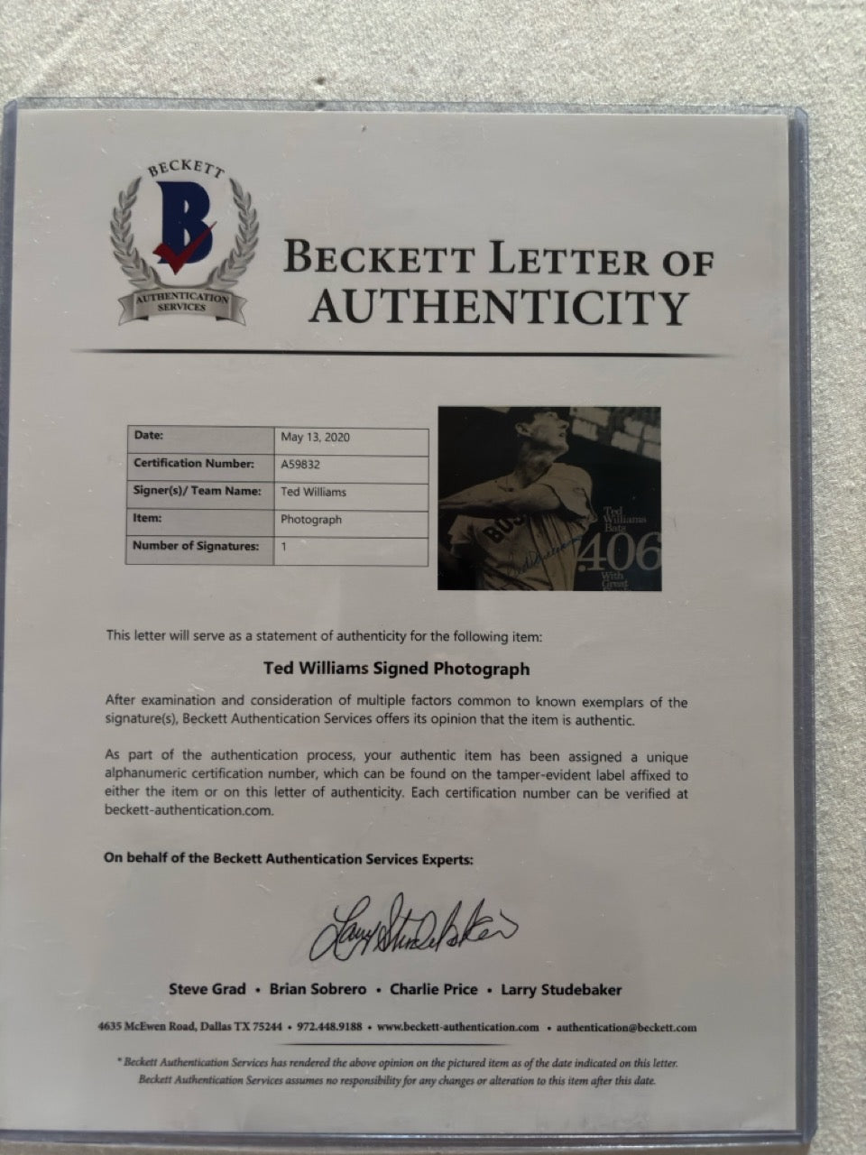 Ted Williams Autograph Photo w/ Beckett LOA