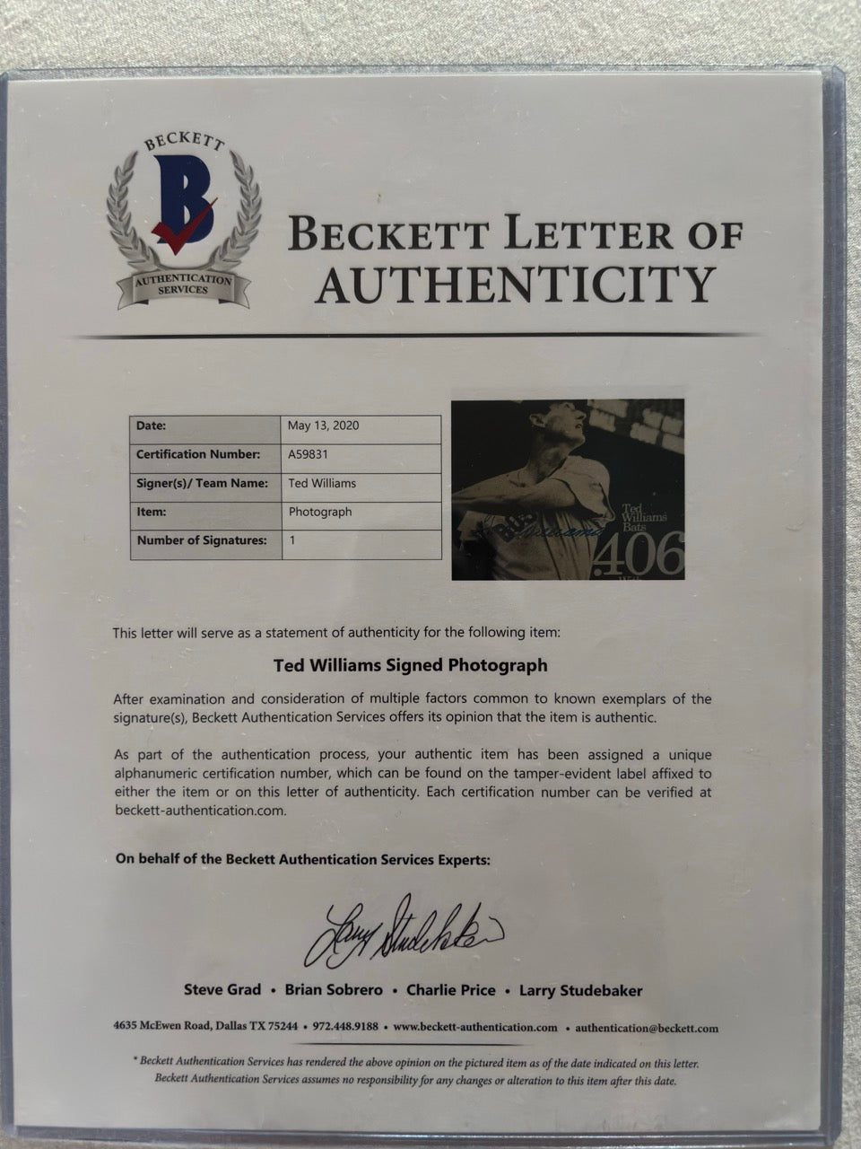 Ted Williams Autograph Photo w/ Beckett LOA