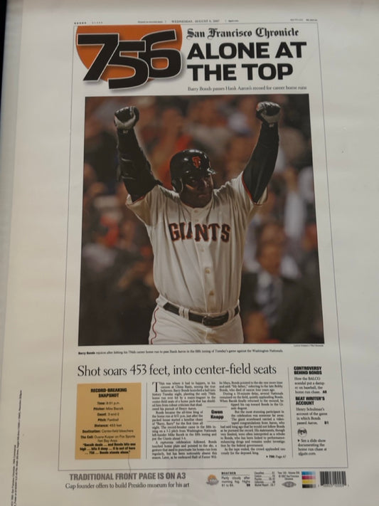 Barry Bonds 756th HR San Francisco Chronicle Article Framed Print
