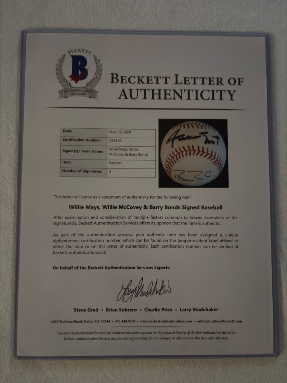 Barry Bonds, Willie Mays, & Willie McCovey Autograph Baseball w/ Beckett LOA