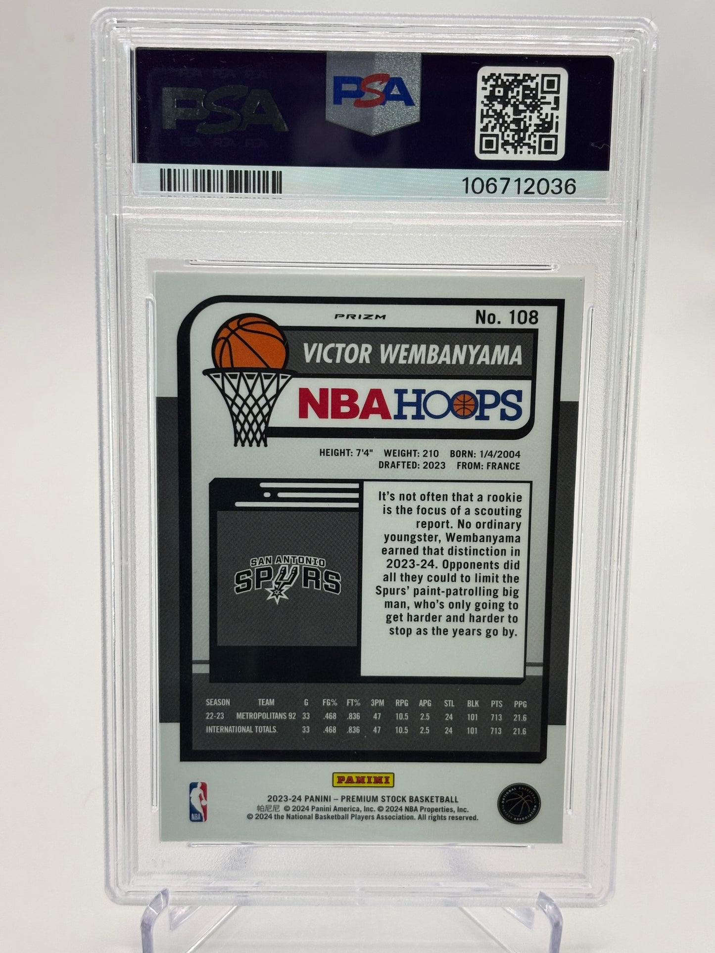 Victor Wembanyama 2023 NBA Hoops Premium Stock Ice Prize PSA 10