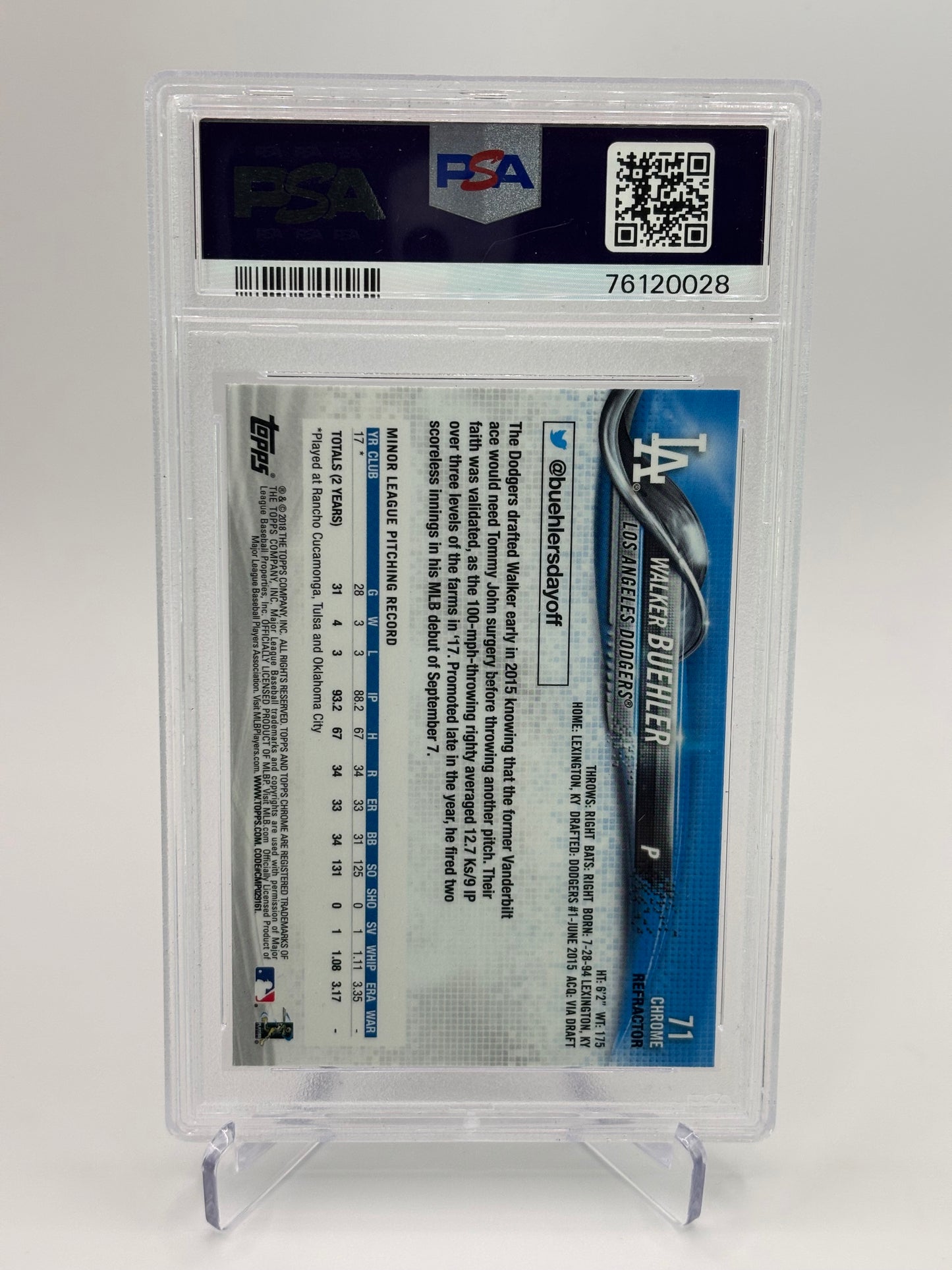 Walker Buehler 2018 Topps Chrome Pink Refractor RC PSA 10