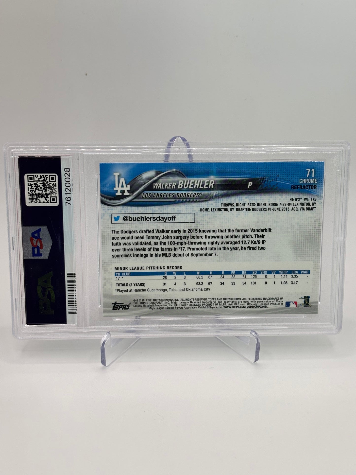 Walker Buehler 2018 Topps Chrome Pink Refractor RC PSA 10