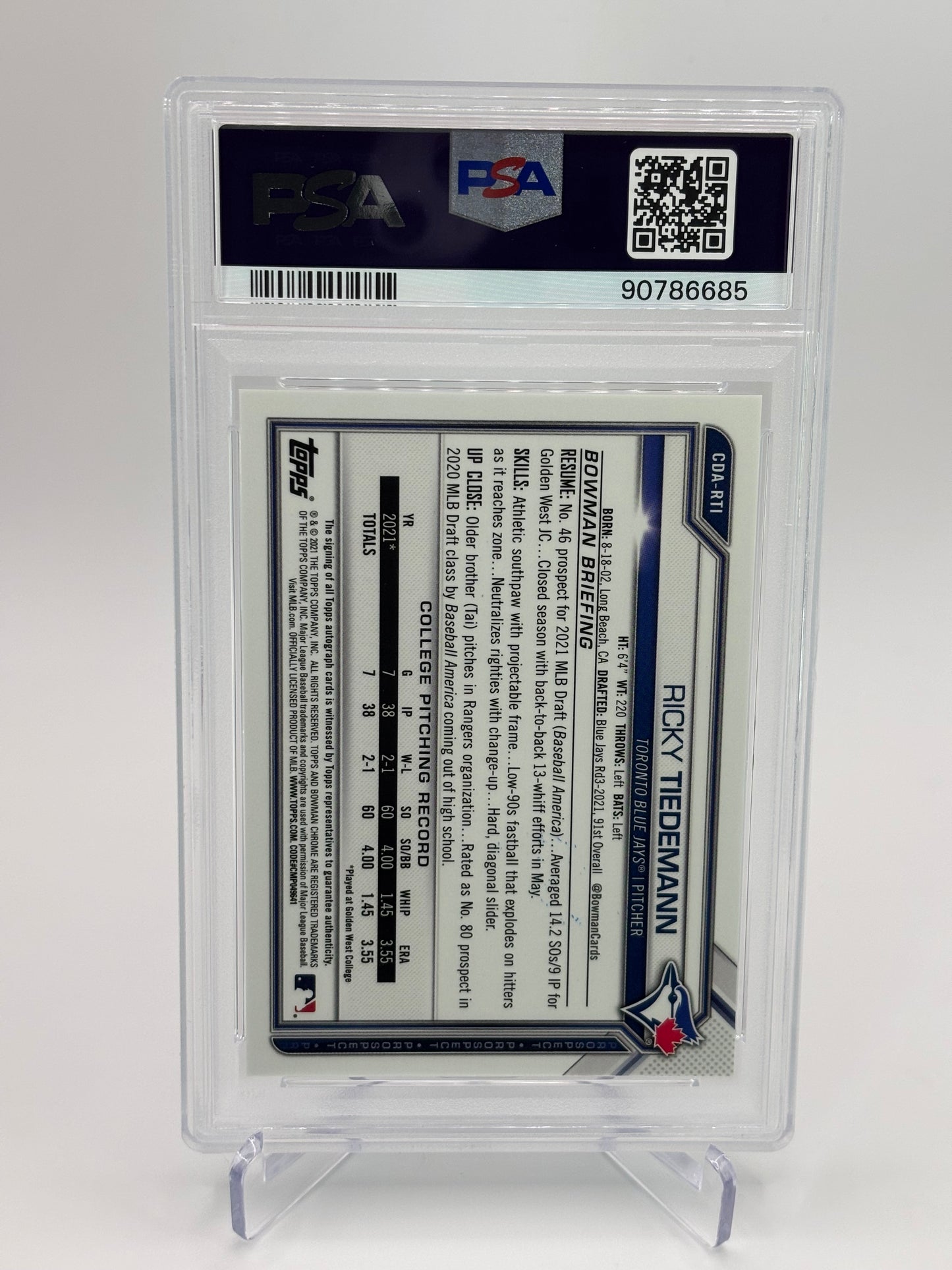 Ricky Tiedemann 2021 1st Bowman Draft Chrome Auto PSA 10