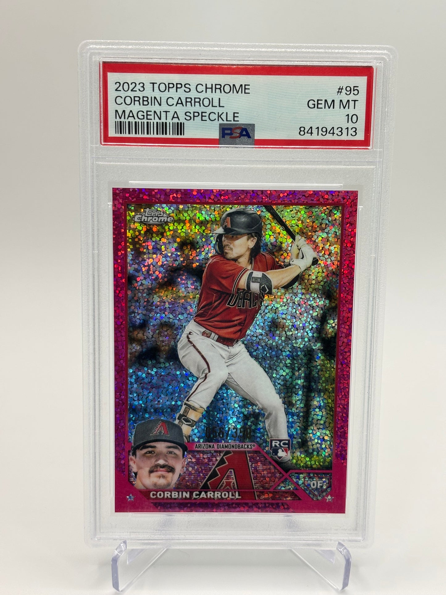 Corbin Carroll 2023 Topps Chrome Magenta Speckle RC 56/350 PSA 10