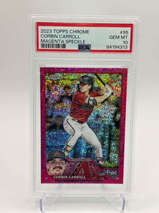 Corbin Carroll 2023 Topps Chrome Magenta Speckle RC 56/350 PSA 10