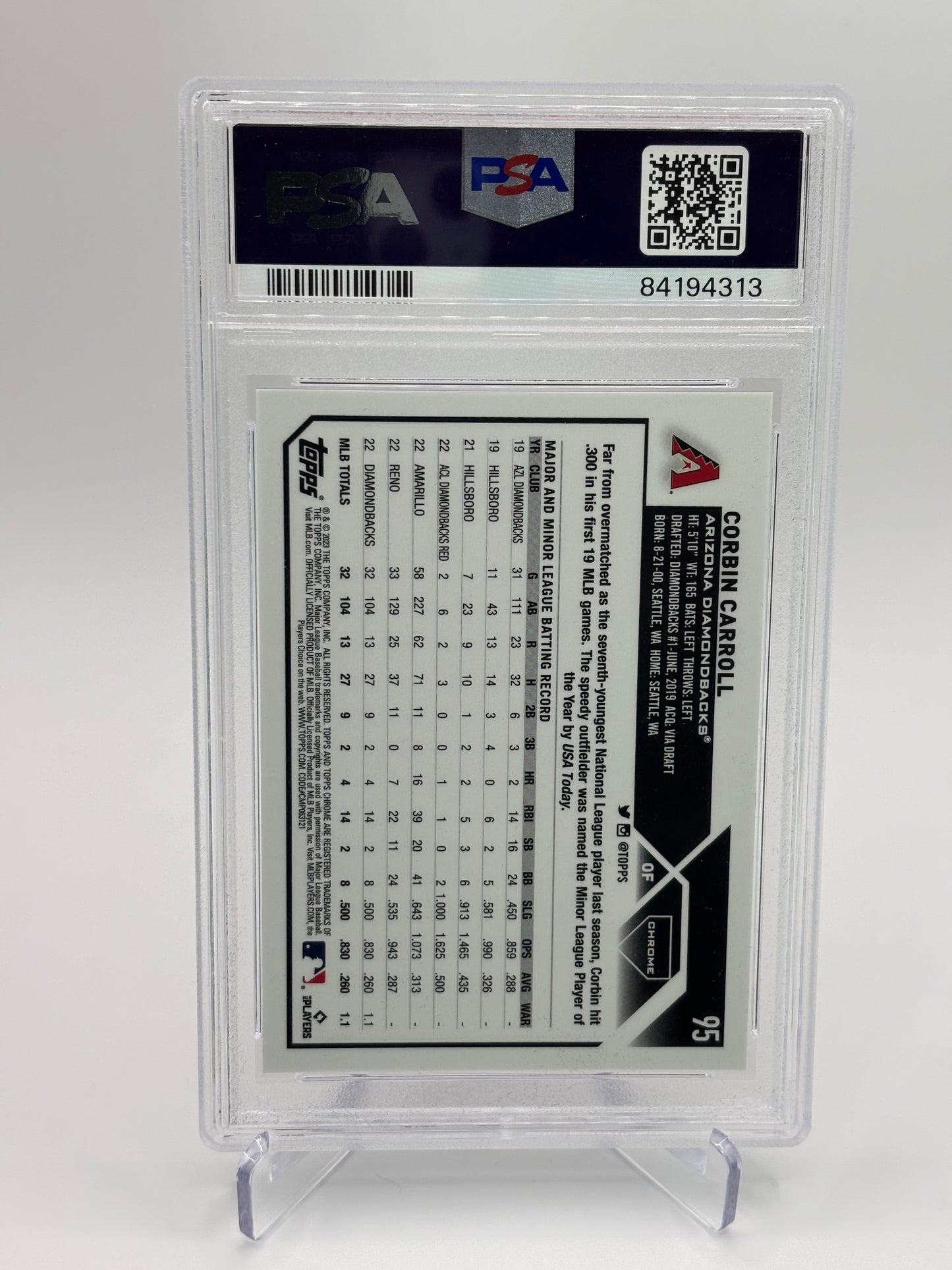 Corbin Carroll 2023 Topps Chrome Magenta Speckle RC 56/350 PSA 10