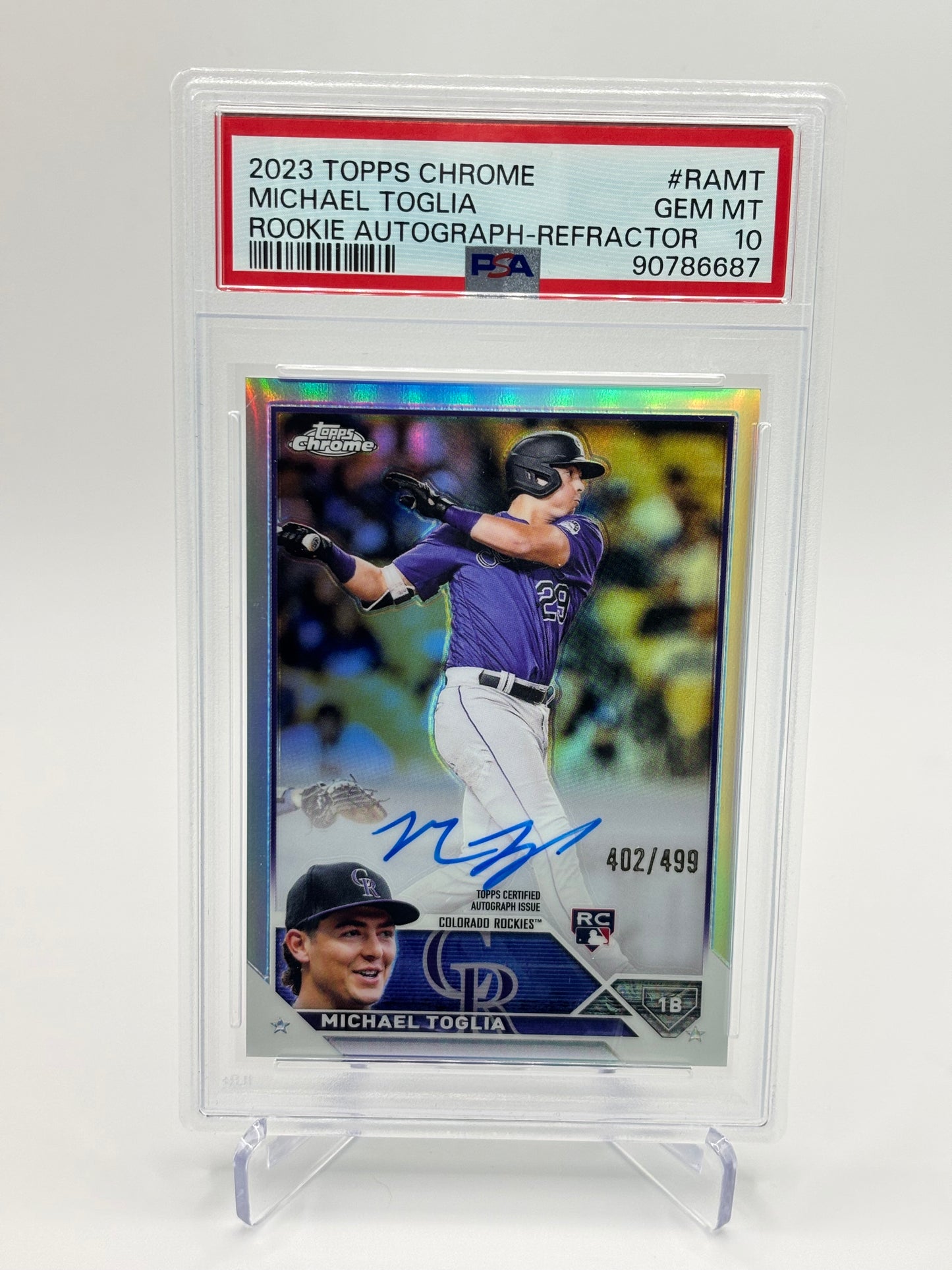Michael Toglia 2023 Topps Chrome Refractor Auto #402/499 PSA 10