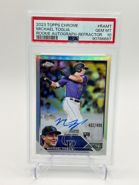 Michael Toglia 2023 Topps Chrome Refractor Auto #402/499 PSA 10