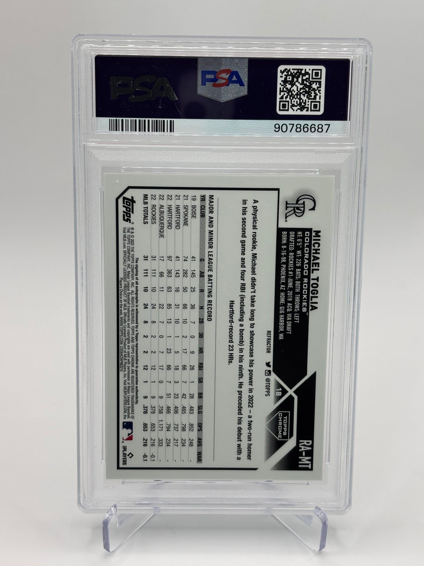 Michael Toglia 2023 Topps Chrome Refractor Auto #402/499 PSA 10