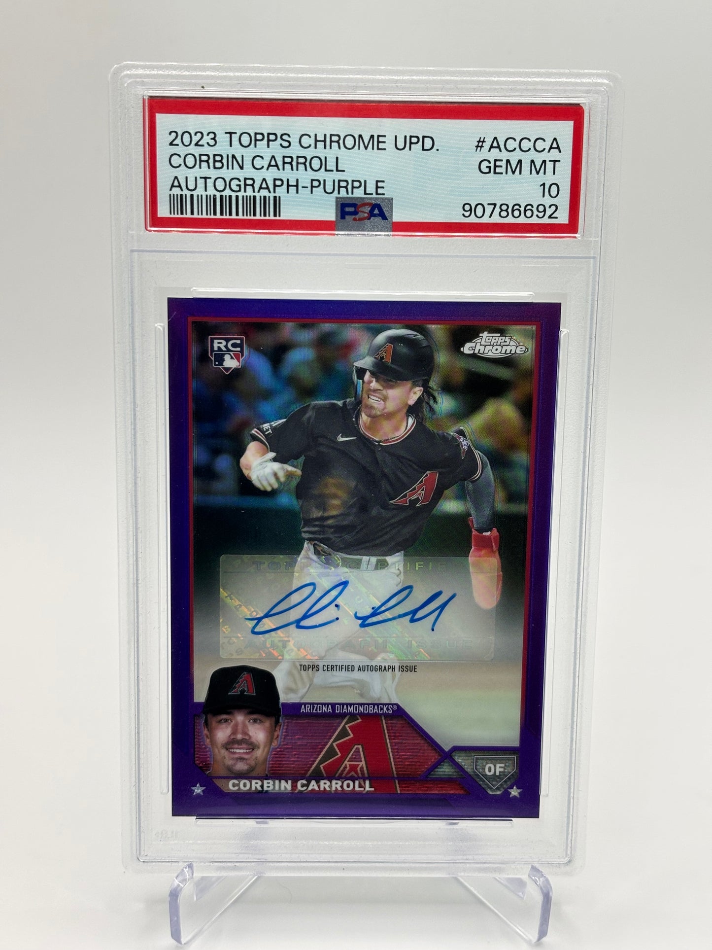 Corbin Carroll 2023 Topps Chrome Update Purple Refractor RC Auto #97/250 PSA 10