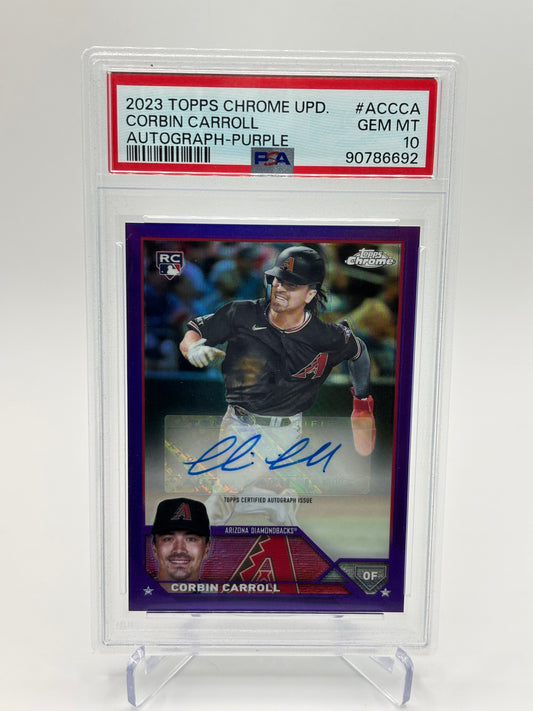 Corbin Carroll 2023 Topps Chrome Update Purple Refractor RC Auto #97/250 PSA 10