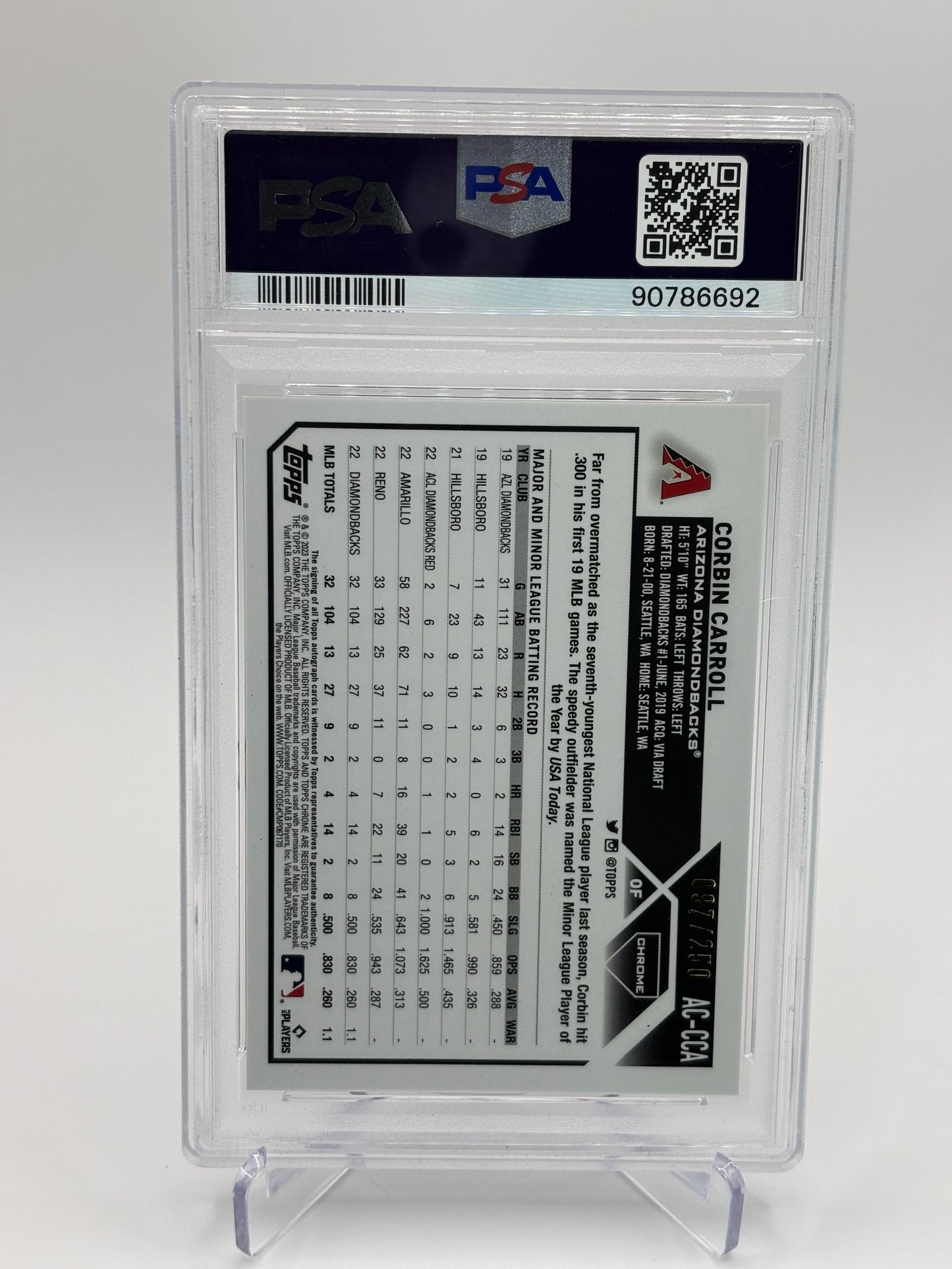 Corbin Carroll 2023 Topps Chrome Update Purple Refractor RC Auto #97/250 PSA 10