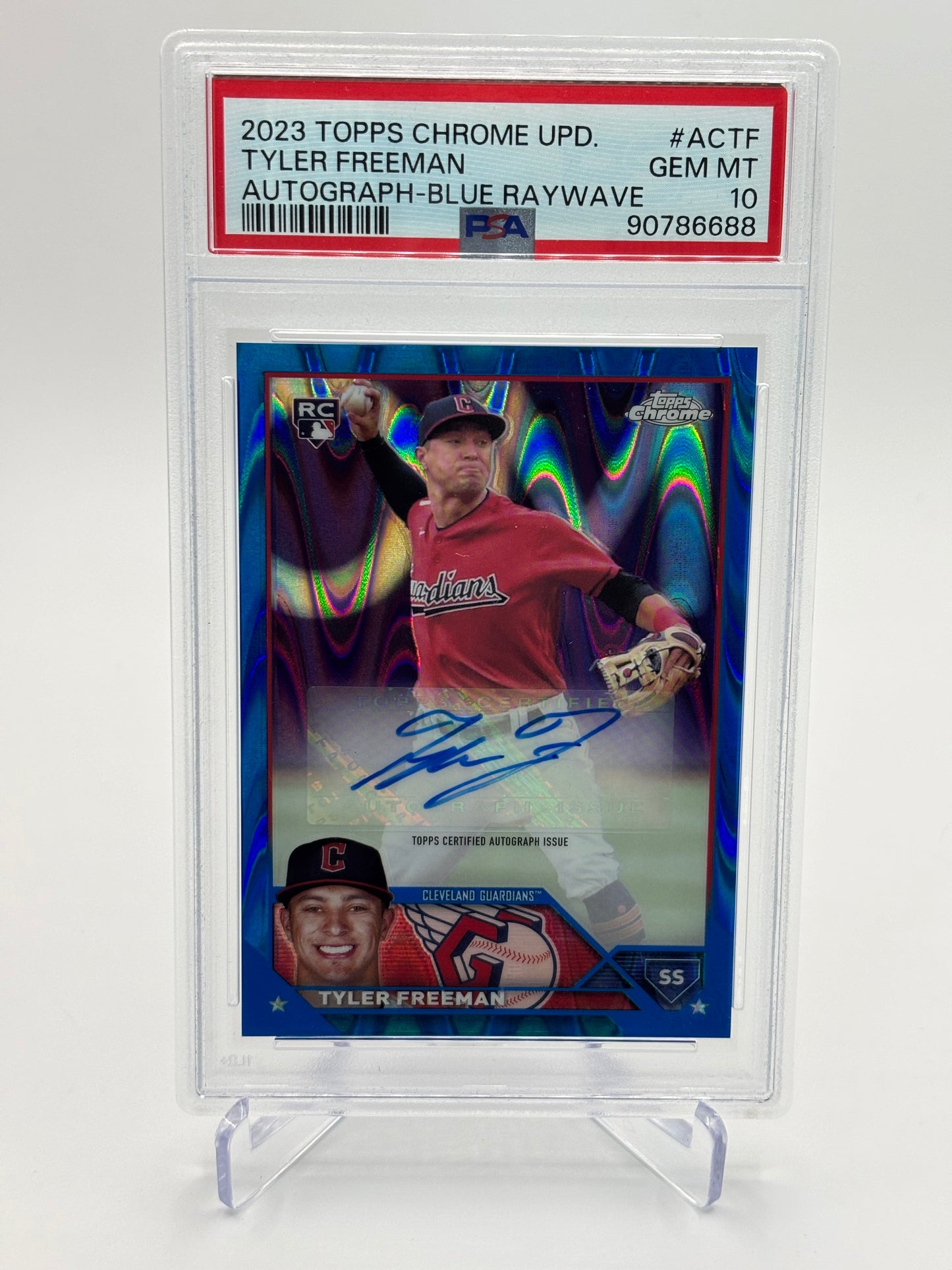 Tyler Freeman 2023 Topps Chrome Update Blue Ray Wave RC Auto #118/150 PSA 10