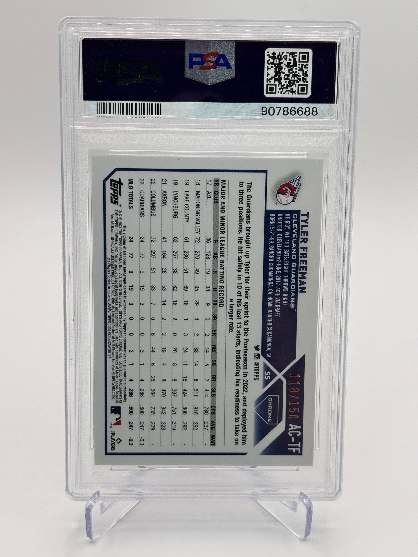 Tyler Freeman 2023 Topps Chrome Update Blue Ray Wave RC Auto #118/150 PSA 10