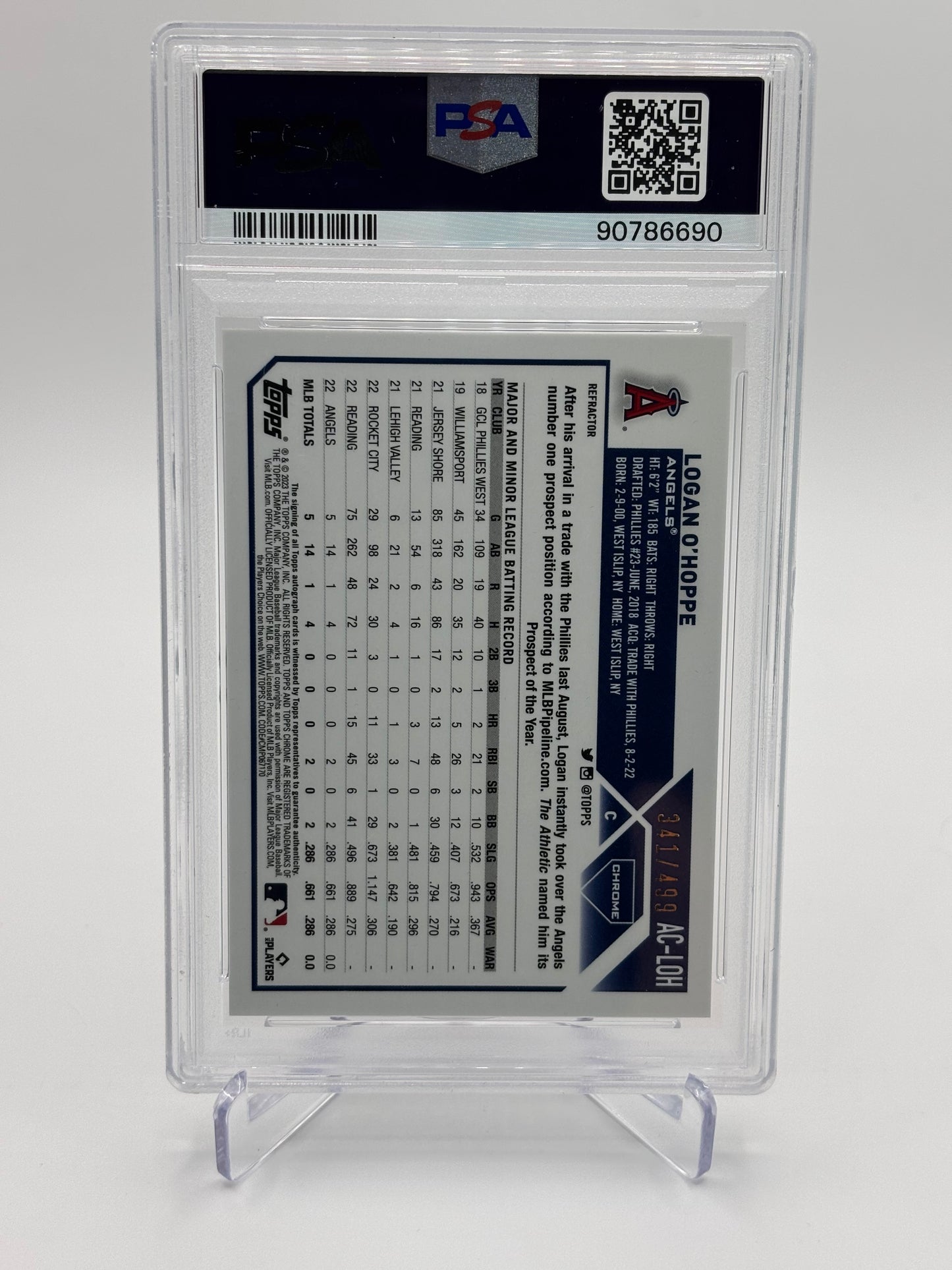 Logan O'Hoppe 2023 Topps Chrome Update Refractor RC Auto #341/499 PSA 9