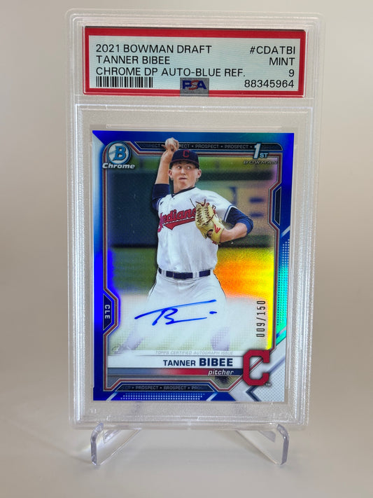 Tanner Bibee 2021 1st Bowman Draft Chrome Blue Refractor Auto #9/150 PSA 9
