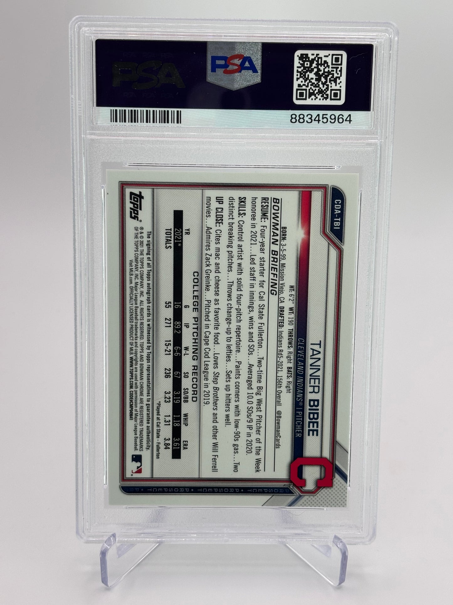 Tanner Bibee 2021 1st Bowman Draft Chrome Blue Refractor Auto #9/150 PSA 9