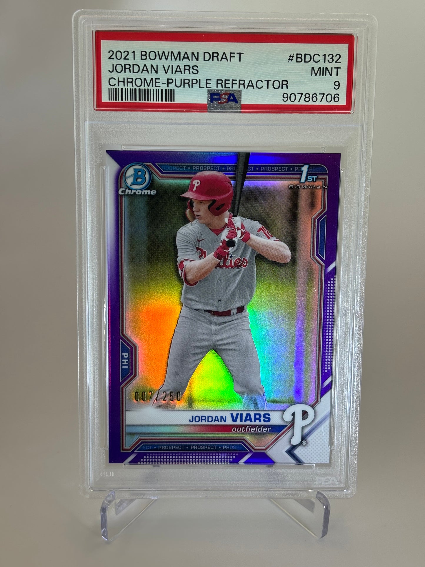 Jordan Viars 2021 1st Bowman Chrome Purple Refractor #7/250 PSA 9