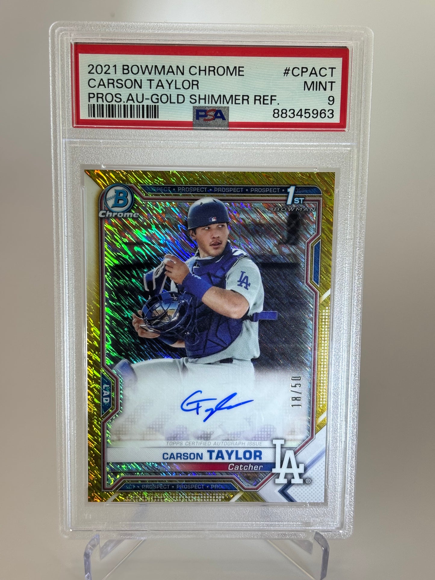 Carson Taylor 1st Bowman Draft Chrome Gold Shimmer Auto #18/50 PSA 9