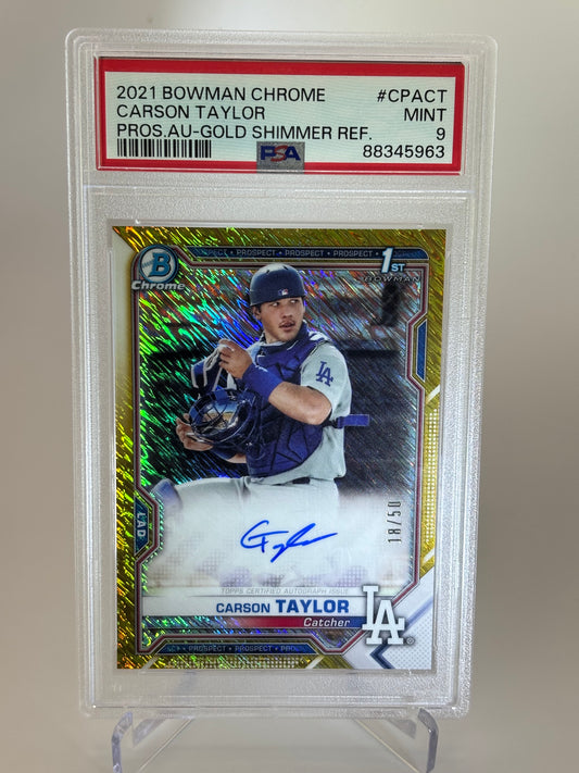 Carson Taylor 1st Bowman Draft Chrome Gold Shimmer Auto #18/50 PSA 9