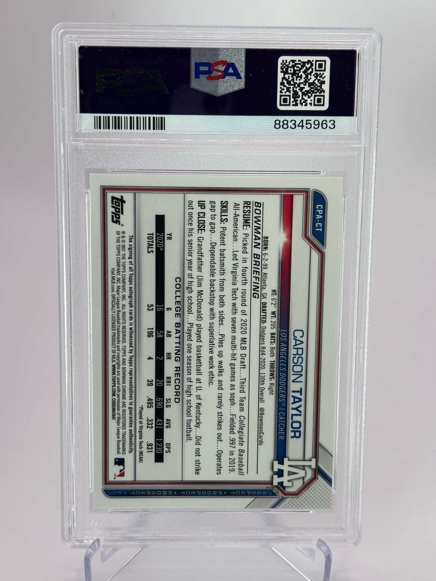 Carson Taylor 1st Bowman Draft Chrome Gold Shimmer Auto #18/50 PSA 9