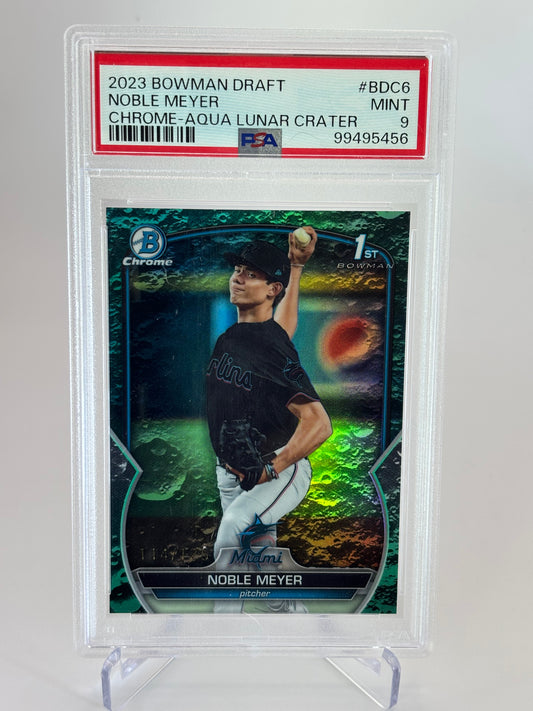 Noble Meyer 2023 1st Bowman Draft Chrome Aqua Lunar Crater #114/125 PSA 9