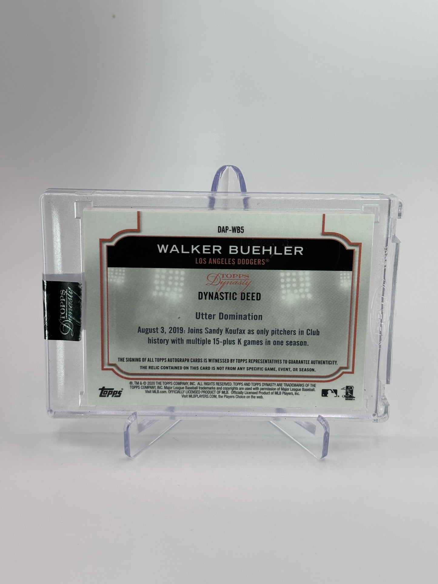 Walker Buehler 2020 Topps Dynasty Dynastic Deed Dual Color Patch Auto #5/5
